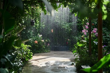 Fototapeta premium Serene garden shower, lush foliage, tranquil oasis.