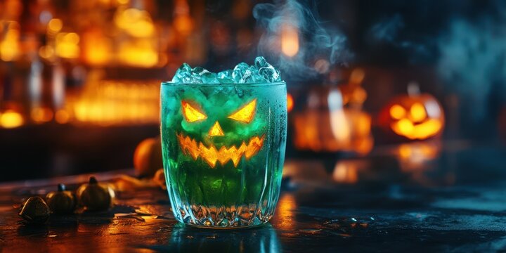 Spooky Halloween cocktail with glowing green drink and carved pumpkins at dimly lit bar - Powered by Adobe