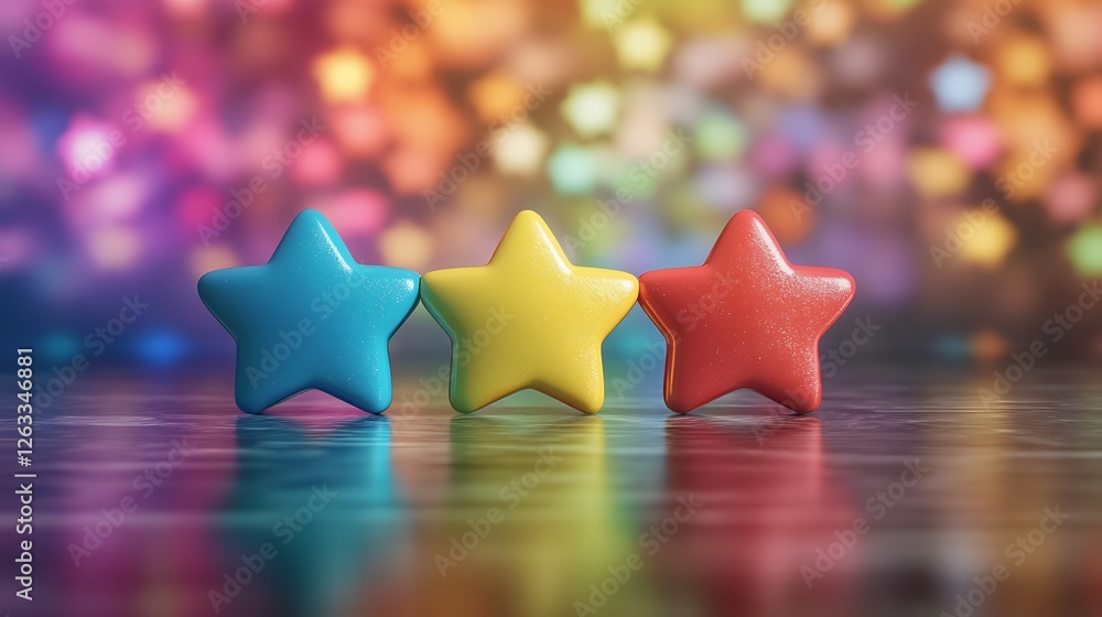 Poster three colorful stars on a reflective surface with a bokeh background.