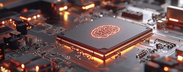 A close-up view of a microchip featuring an illuminated brain design, highlighting the intersection of technology and neuroscience.