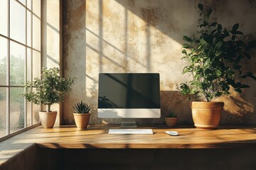 The contemporary workspace features a well-equipped computer positioned against a sunlit wall, highlighted by vibrant plants