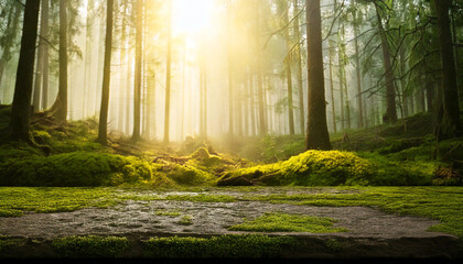 A dark volcanic stone table with a rough, porous texture, featuring green moss stains. Perfect for product display in natural, rustic settings, ideal for eco-friendly or outdoor product promotions.