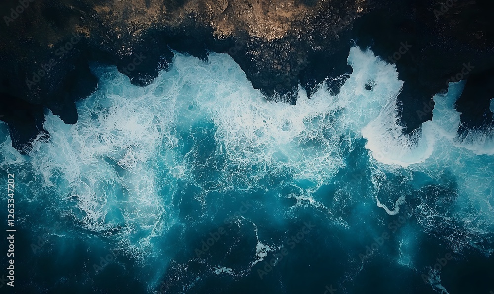 Poster aerial view of crashing waves against dark rocks creating white foam patterns on a deep blue ocean