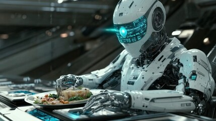 Fototapeta premium Futuristic Chef Robot Preparing Gourmet Meals with Precision and Creativity