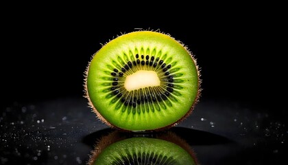 Close-up of fresh kiwi fruit cut in half with reflection on black background