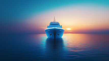 Sea ship digital photo illustration. Front view of cruise liner passenger ship concept horizontal poster. AI artwork.