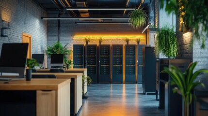 A modern, eco-friendly server room with sustainable technology, LED lighting, and plants enhancing the atmosphere.