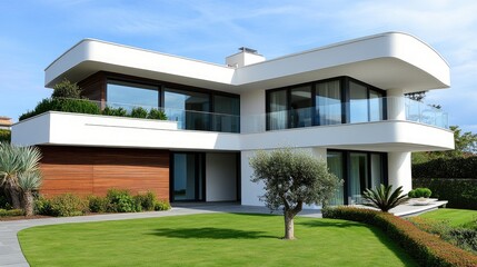 A modern two-story suburban house with a sleek design, large windows, and a spacious front yard.