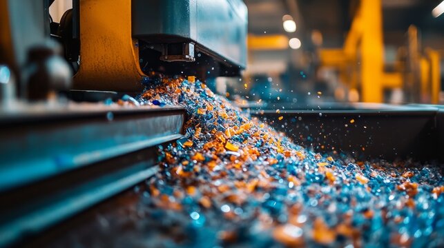 A granulator machine efficiently breaks down plastic waste in an industrial setting, producing colorful small granules ready for recycling.