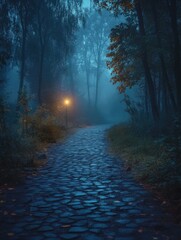 Fototapeta premium Cobblestone Road in Forest at Night