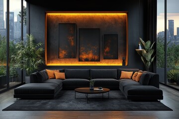 Modern interior design of a cozy living room with dark furniture and ambient lighting complemented by city skyline views in the background