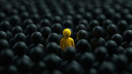 A crowd of matte black figures with one bright yellow figure highlighted in the spotlight.