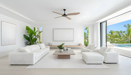 Naklejka premium Modern, bright living room with a minimalist design and outdoor pool views. Generative AI