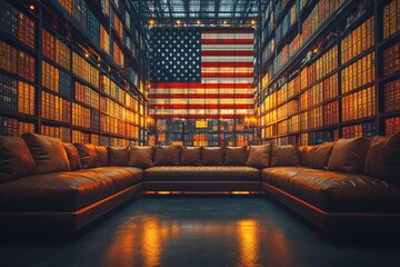Fototapeta premium Cozy seating arrangement in a dimly lit library with an American flag backdrop and rows of bookshelves lined with antique books