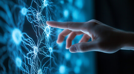 Hand touching digital neural network on a deep blue backdrop, symbolizing tech transformation.