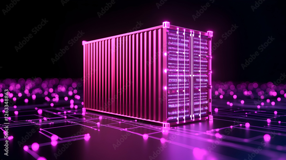Aufkleber neon container on circuit board, glows with purple light. data concept. generative ai