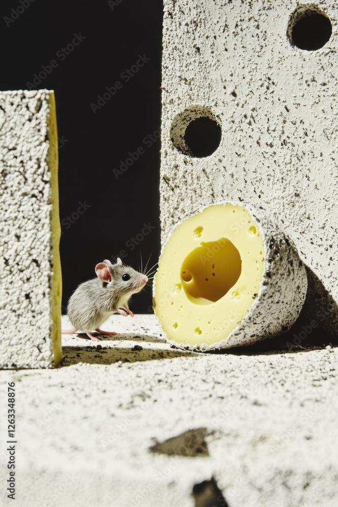 Poster a charming scene of a curious mouse discovering a slice of cheese amidst unique geometric forms, cap