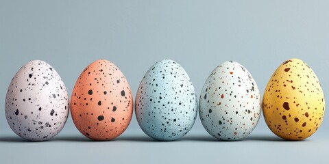 Colorful speckled eggs arranged in a row on a simple background