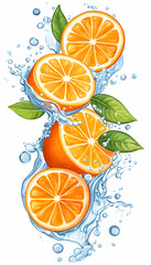 Orange slices splash, fresh fruit, water and leaves. Perfect for health and wellness. Generative AI