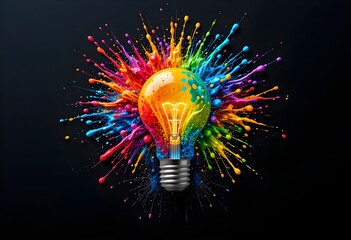 Creative light bulb explodes with colorful paint and  black background. Think differently creative idea. 4k background.