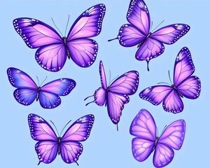 Obraz premium Purple butterflies flying on light blue background for summer themed illustrations. Generative AI