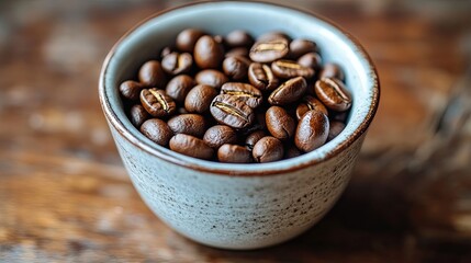 Fototapeta premium On the table is a cup filled with coffee beans. A natural organic product for the production of an aromatic, invigorating beverage. Illustration for cover, postcard, interior design.
