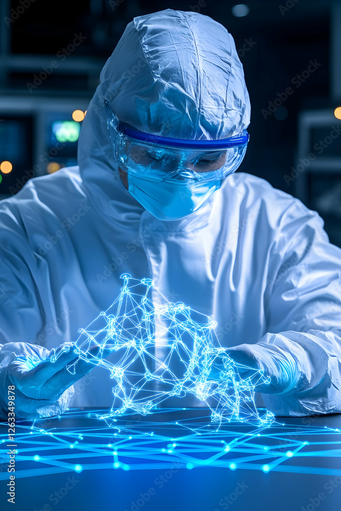Aufkleber researcher analyzing network structure in lab. future tech, data analysis, research. generative ai