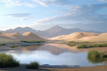 Obraz premium Serene desert landscape with a tranquil oasis under a clear sky in the afternoon