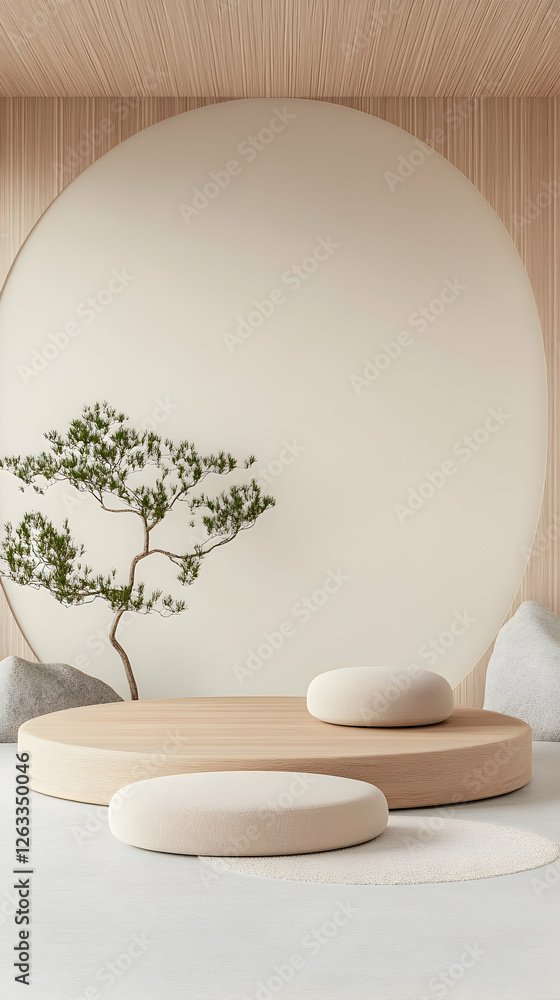 Poster round platform presentation stage with bonsai tree, for product display. generative ai