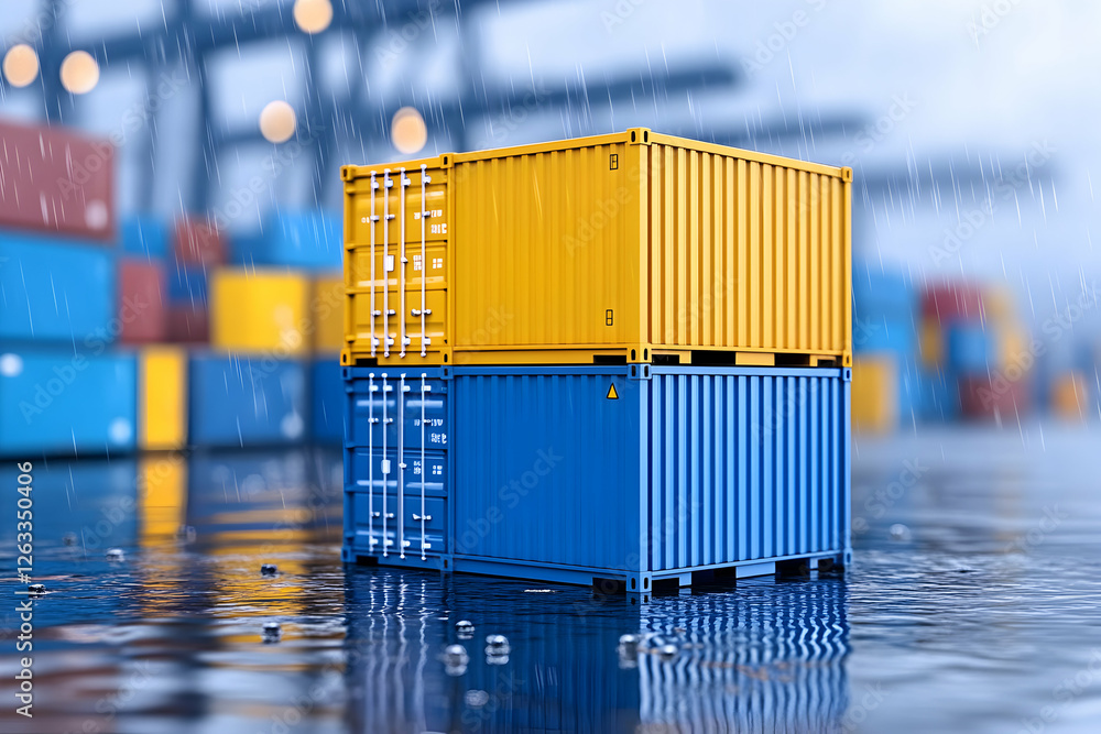 Poster shipping containers stacked at a port during rain, ready for transportation use. generative ai