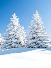 Fototapeta premium Snowy fir trees on a winter's day, with clear blue sky. Landscape for card. Generative AI