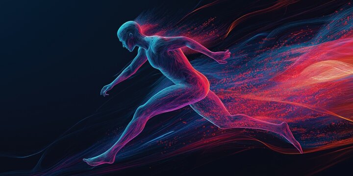 A human figure captured mid-motion, its form composed of elegant, swirling lines and curves. This vibrant digital illustration exudes dynamism and energy, with each line intricately woven to convey mo