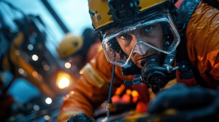 A close-up view of a worker in safety gear, including an underwater breathing apparatus, emphasizes focus and concentration on a vital task in challenging conditions, illustrating commitment.