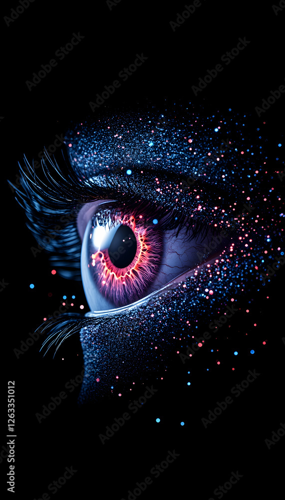 Poster sparkling eye with dark makeup and colorful glitter against a dark backdrop.. generative ai