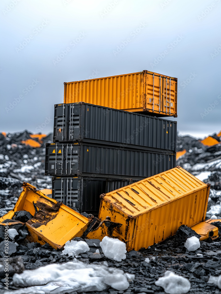 Poster stack of colorful shipping containers in desolate landscape. logistics and storage. generative ai