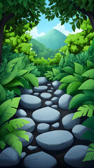 Stone path through the jungle to mountain for ecotourism or game background. Generative AI