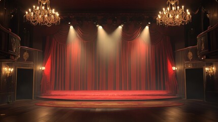 Crimson Stage 3D Render, Red Curtains, Spotlights, Theater, Vintage Stage design, 3D rendering