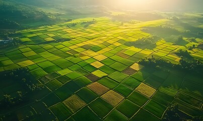 Aerial View of Green and Yellow Fields with Sunlight Breaking Through the Morning Mist