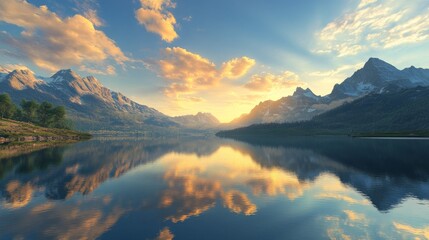 Fototapeta premium Serene Sunset Landscape Mountain Lake Reflection, Digital Painting, Golden Hour, Nature Scenery, Landscape Art Keywords Digital art, Mountain lake
