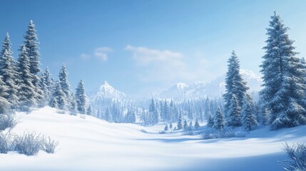Fototapeta premium Serene Winter Landscape Snow-Covered Pines, Majestic Mountains, Digital Painting, Winter Wonderland, Snowscape Winter, Landscape
