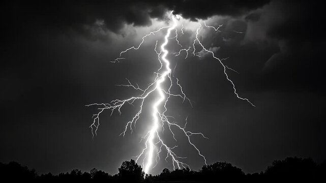 A dramatic lightning strike illuminates a dark, stormy sky over silhouetted trees footage
