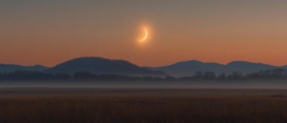 Obraz premium Crescent moon rise over serene mountain landscape nature early morning calm atmosphere