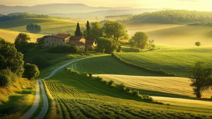 Obraz premium Tuscan Farmhouse Sunrise Rolling Hills Landscape Photography, Composition Aerial View, golden hour, landscape photography, rural scenery Tuscan landscape, countryside photography