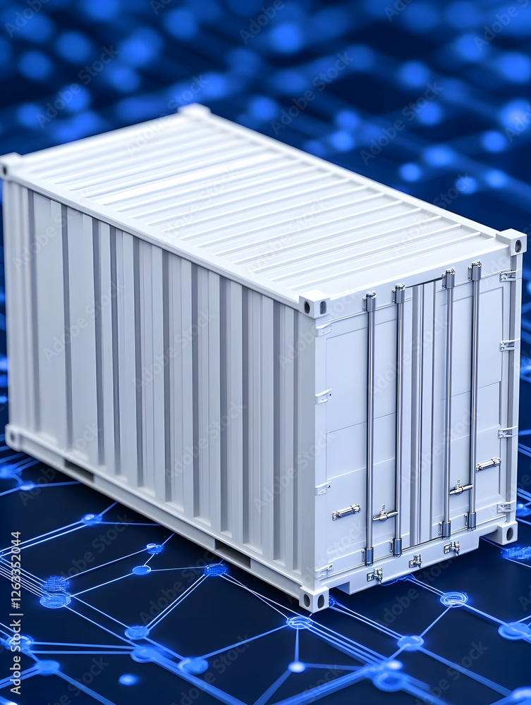 Poster white container on a blue digital circuit background for transportation. generative ai