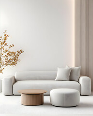 White sofa in a minimalist living room for use in interior design websites. Generative AI