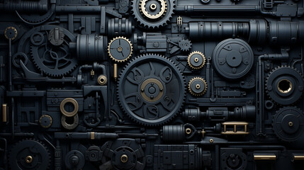 Complex Black and Gold Gear System with Intricate Mechanical Design and Precise Engineering