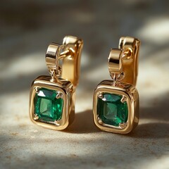 Elegant gold earrings with square cut green gemstones reflecting sunlight
