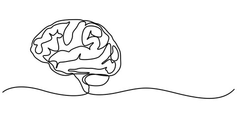 One continuous line illustration of a human brain, isolated on white background. Line art of human brain, Continuous Line Drawing of Deep Learning Icon. Hand Drawn Symbol Vector Illustration, pro. 