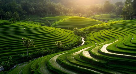 Lush Green Rice Terraces in Bali at Sunrise with Gentle Sunlight