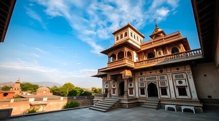 An Indian haveli with traditional architecture in a stunning setting.